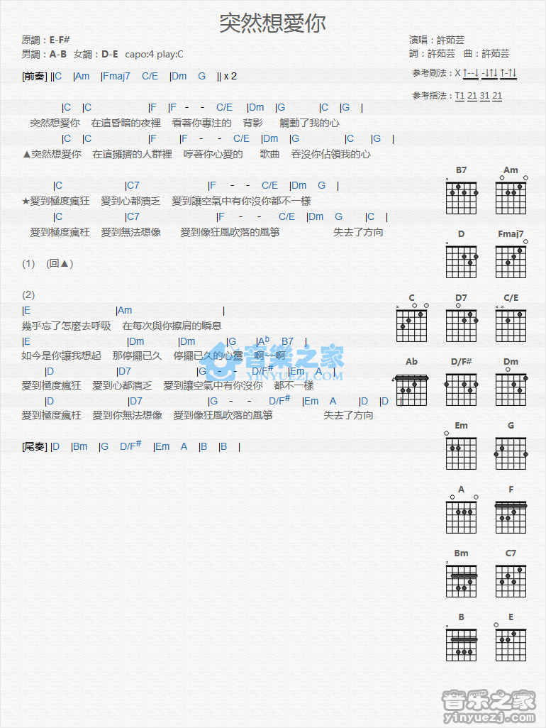 许茹芸 突然想爱你吉他谱C调 音乐之家弹唱六线谱