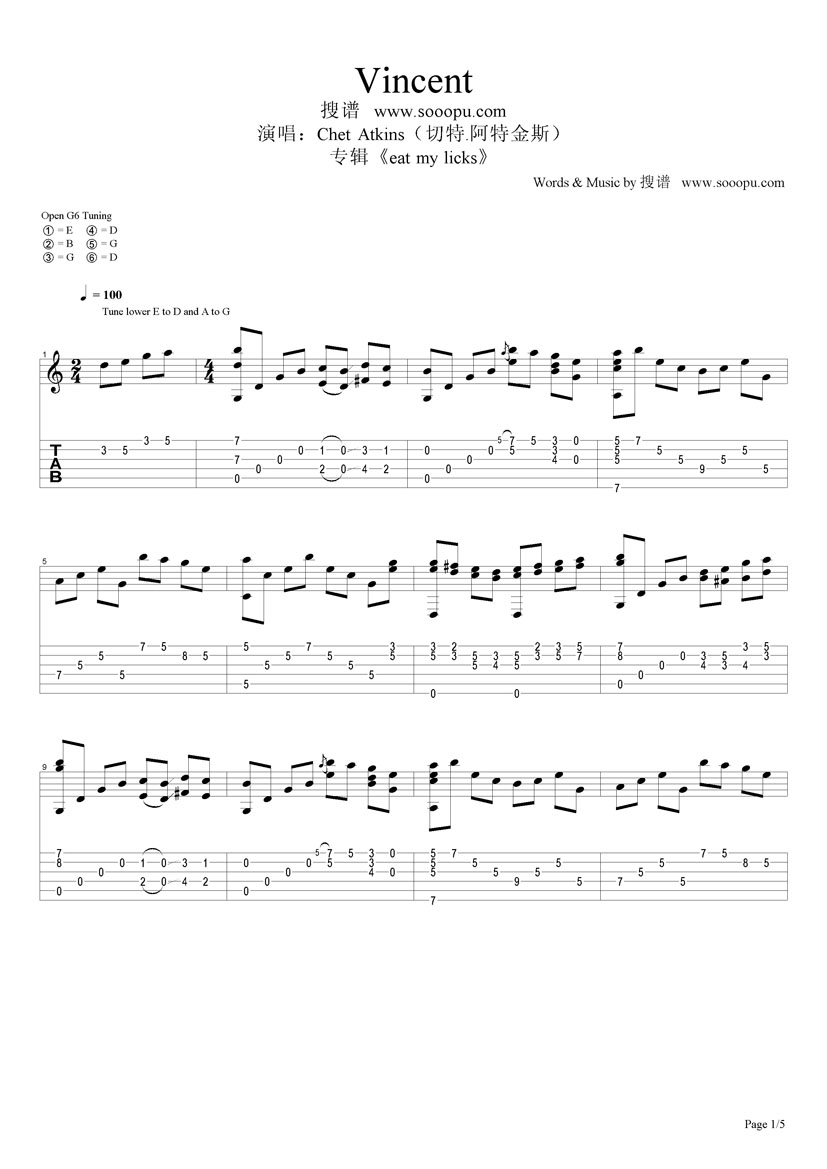 Chet Atkins vincent指弹谱 原调六线谱 搜谱网编配