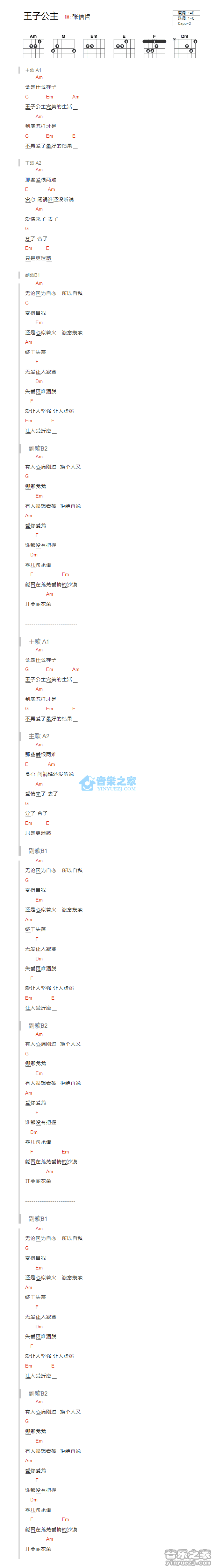 薛之谦 王子公主吉他谱C调 音乐之家弹唱六线谱