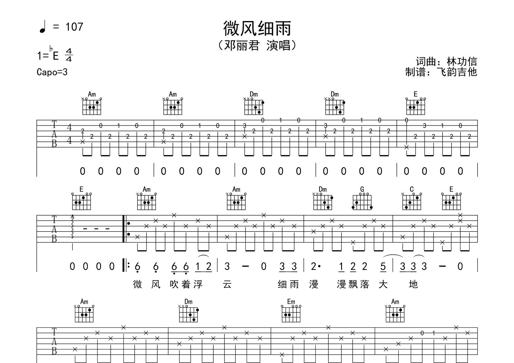 邓丽君 微风细雨吉他谱C调 飞韵吉他弹唱六线谱