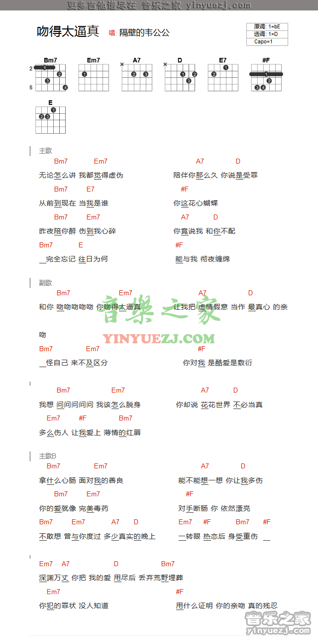 张敬轩 吻得太逼真吉他谱D调 音乐之家弹唱六线谱