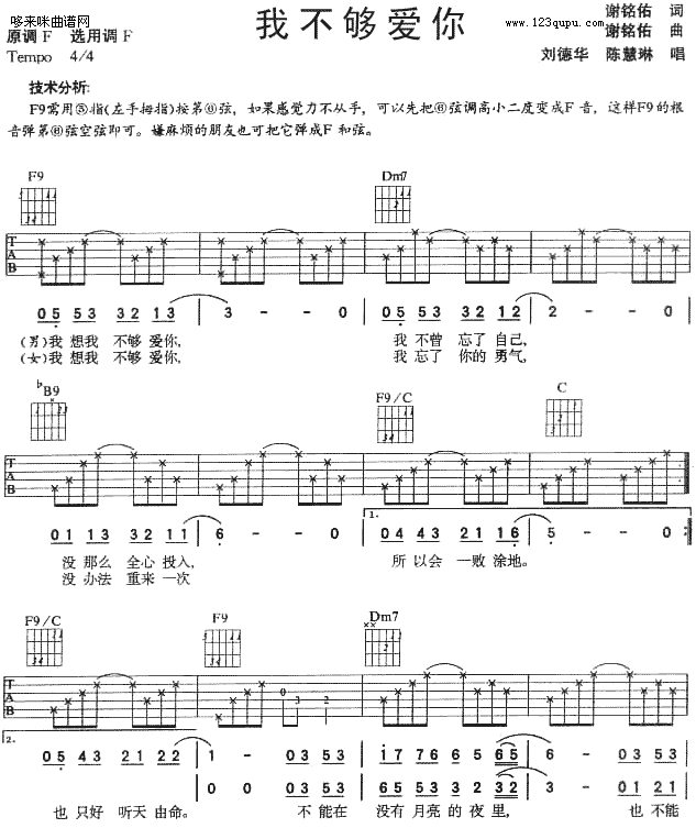 陈慧琳 我不够爱你吉他谱F调 弹唱六线谱