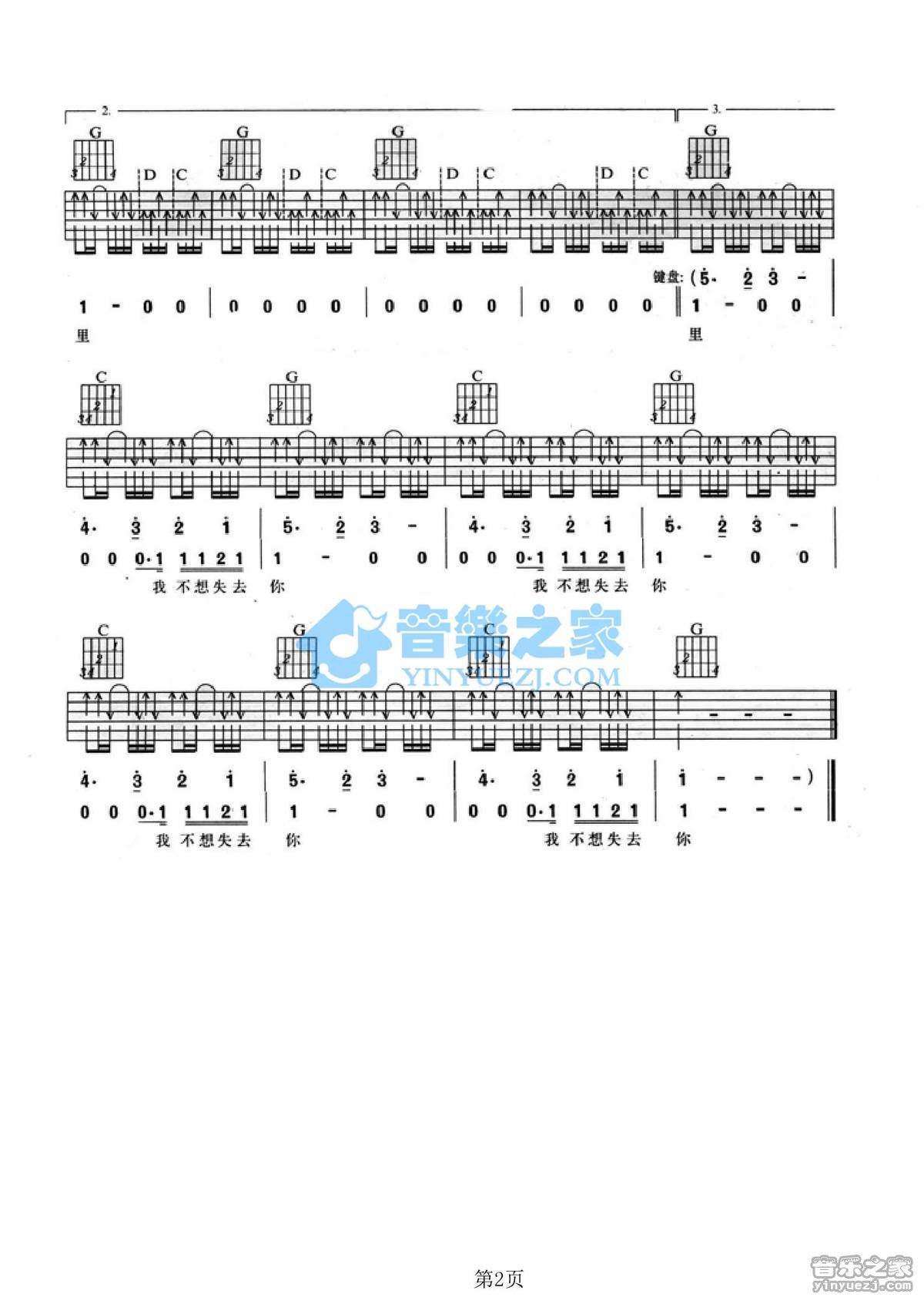 新裤子乐队 我不想失去你吉他谱G调 音乐之家弹唱六线谱