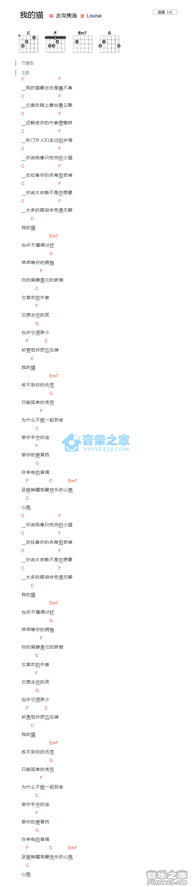 吉克隽逸 我的猫吉他谱C调 音乐之家弹唱六线谱
