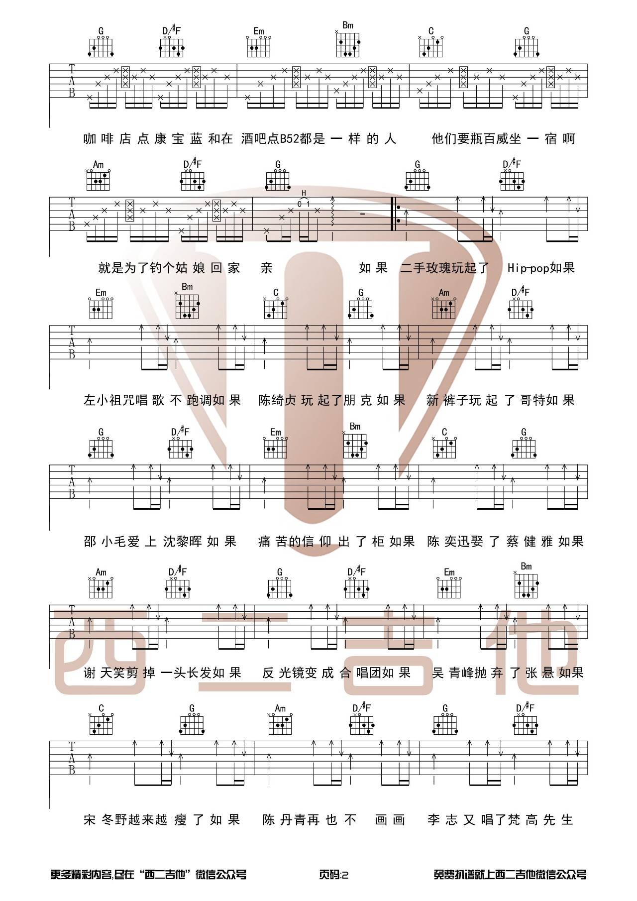 晓月老板 我的枪声里吉他谱G调 西二吉他弹唱六线谱