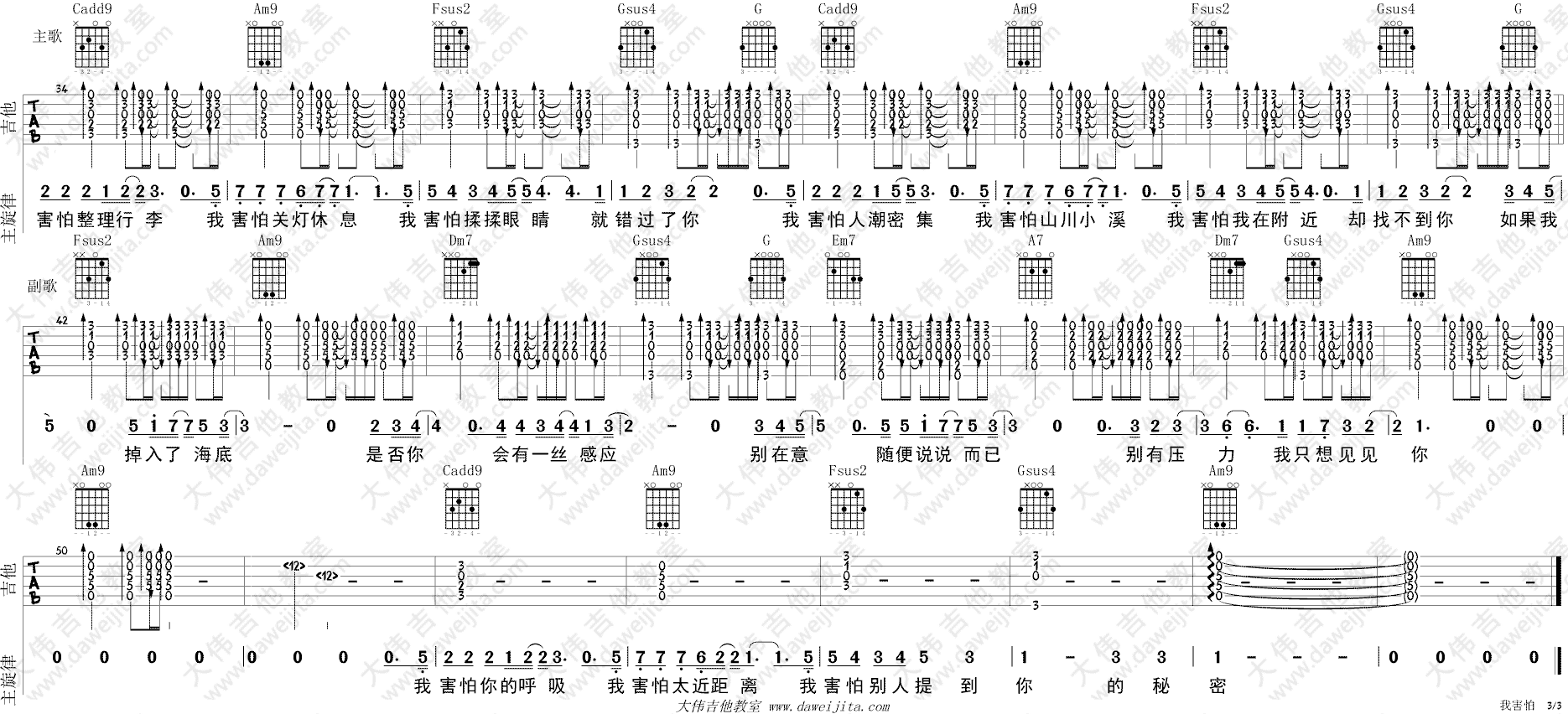 薛之谦 我害怕吉他谱C调 大伟吉他教室弹唱六线谱