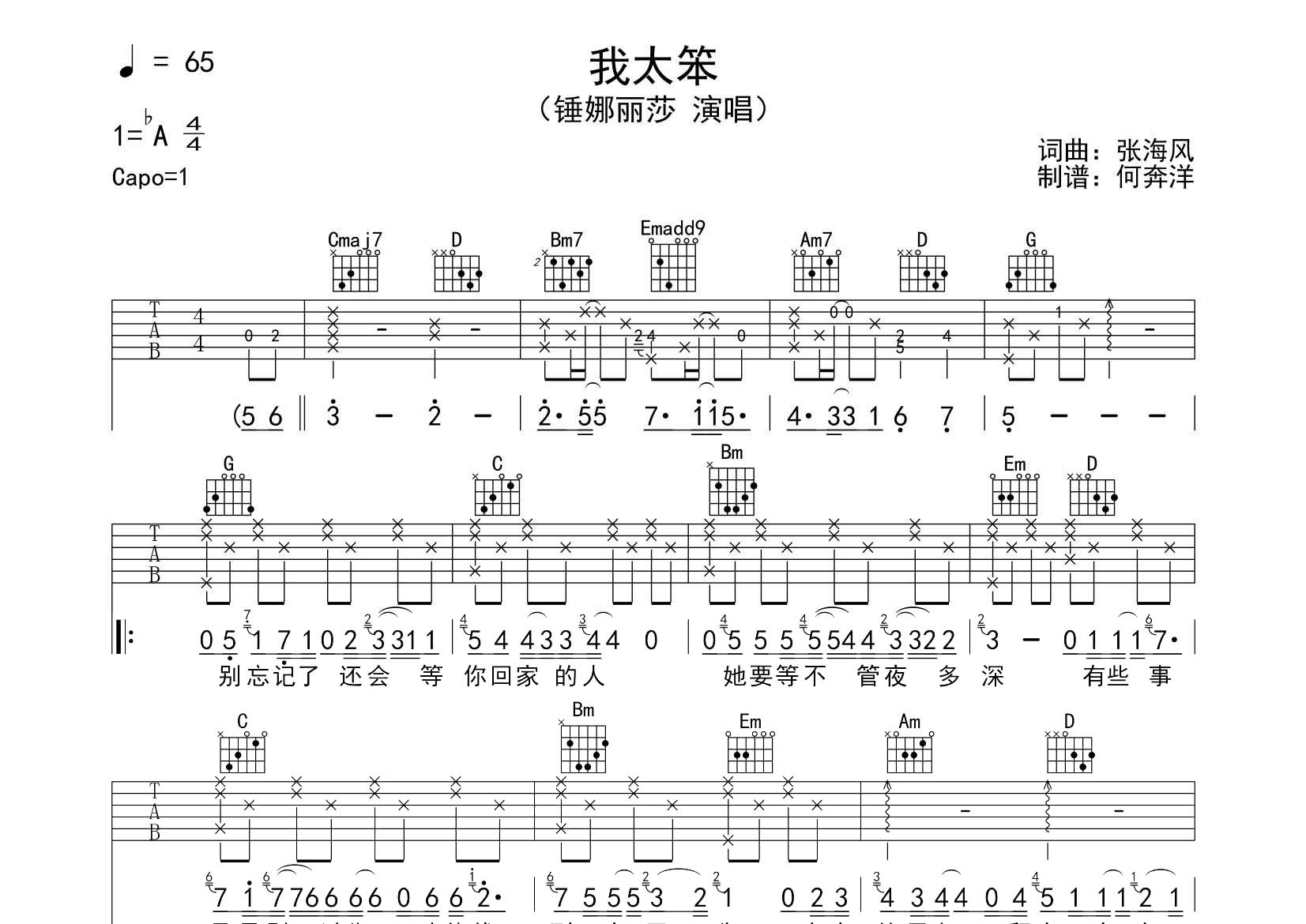 锤娜丽莎 我太笨吉他谱G调 飞韵吉他弹唱六线谱