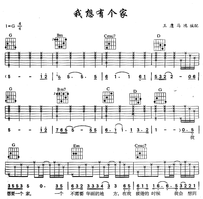 潘美辰 我想有个家吉他谱G调 弹唱六线谱