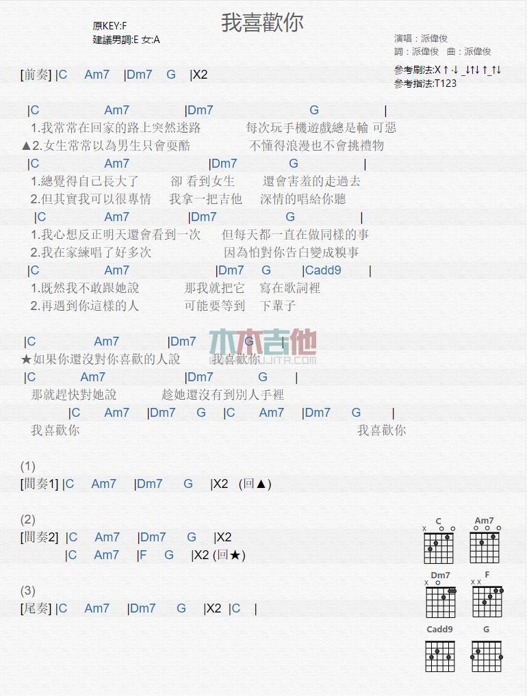 派伟俊 我喜欢你吉他谱C调 弹唱六线谱