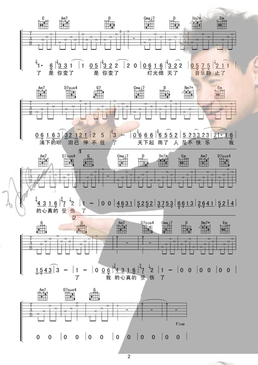 张学友 我真的受伤了吉他谱G调 弹唱六线谱