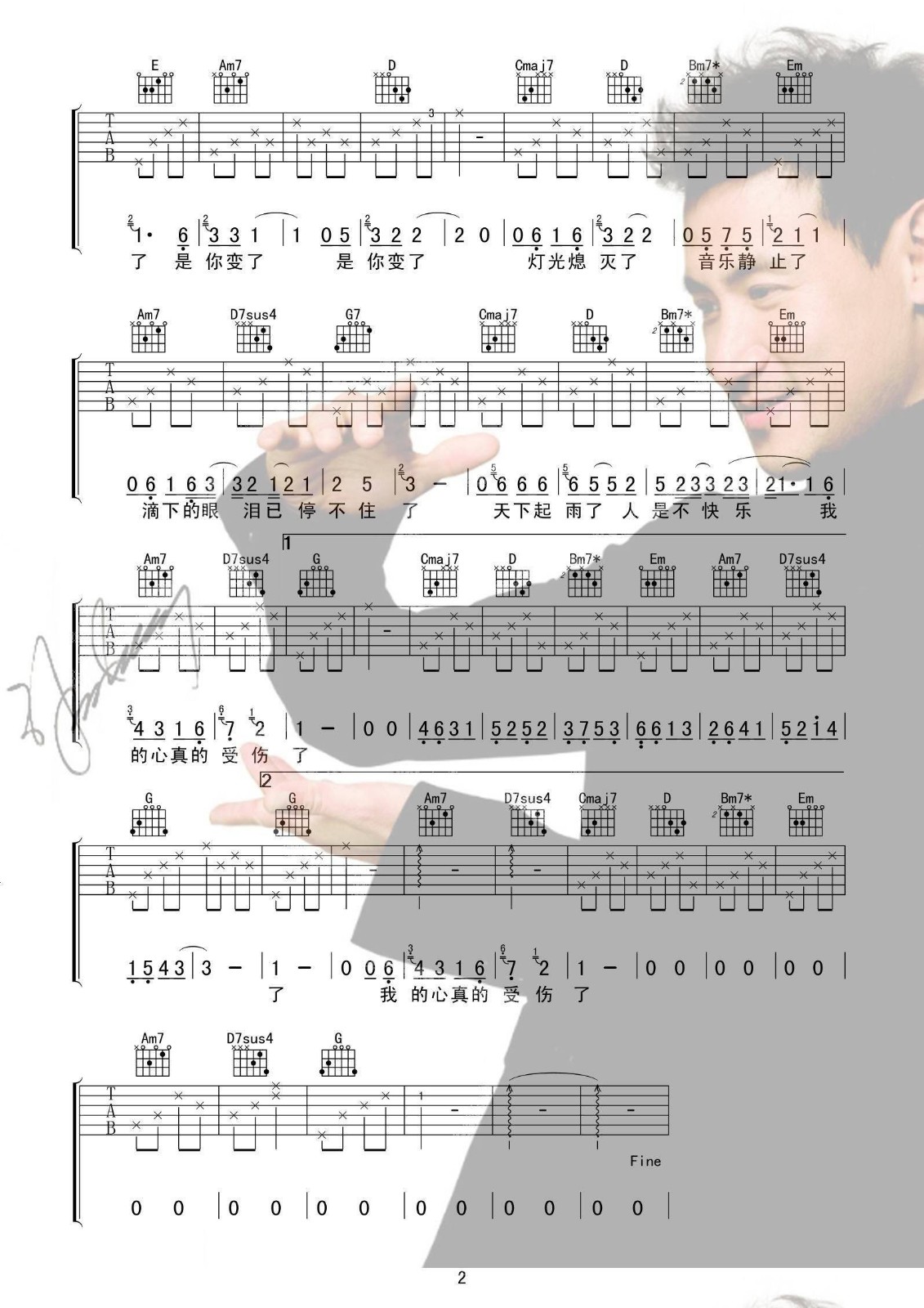 张学友 我真的受伤了吉他谱G调 喀什怒放弹唱六线谱