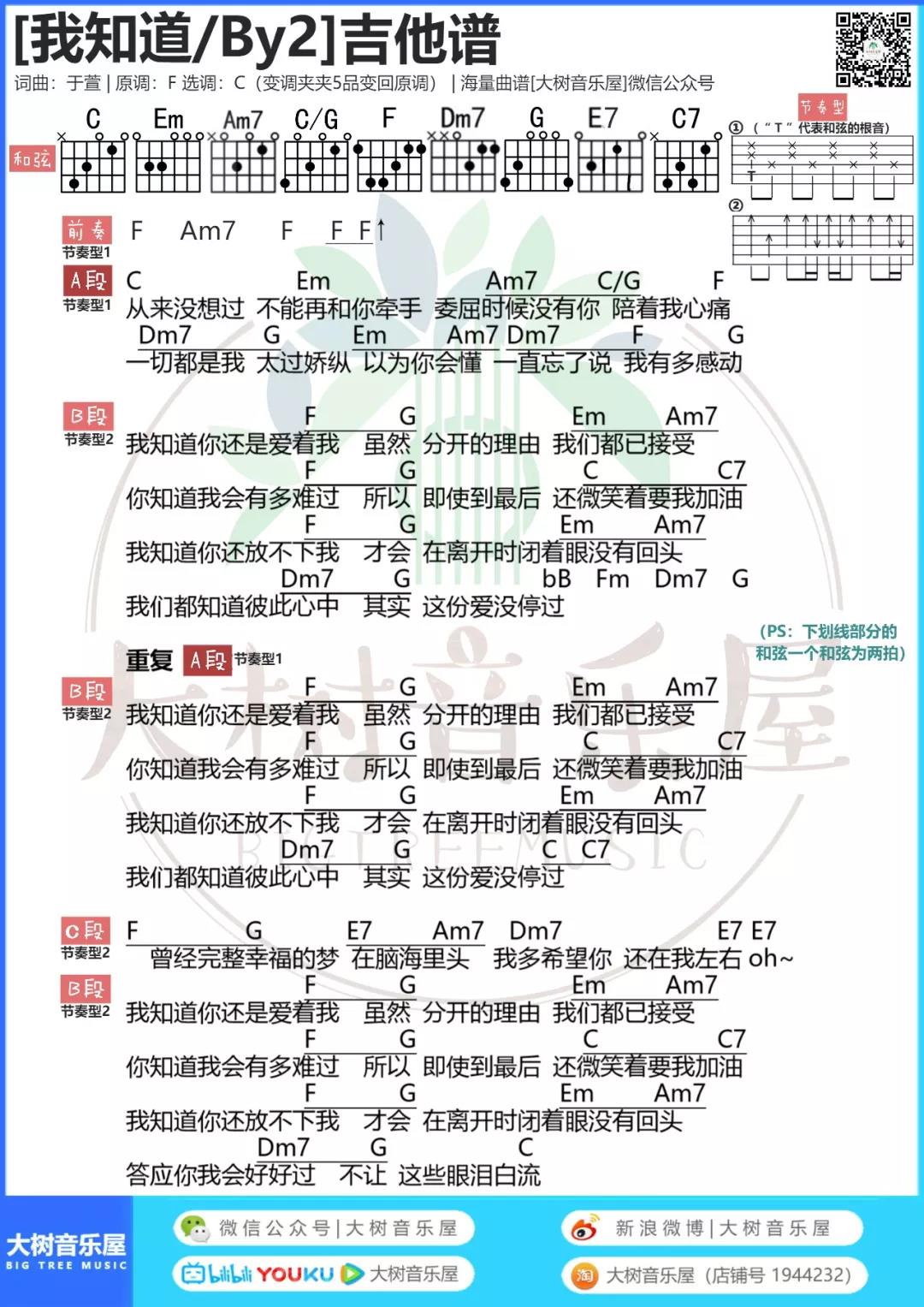 BY2 我知道吉他谱C调 大树音乐屋弹唱六线谱