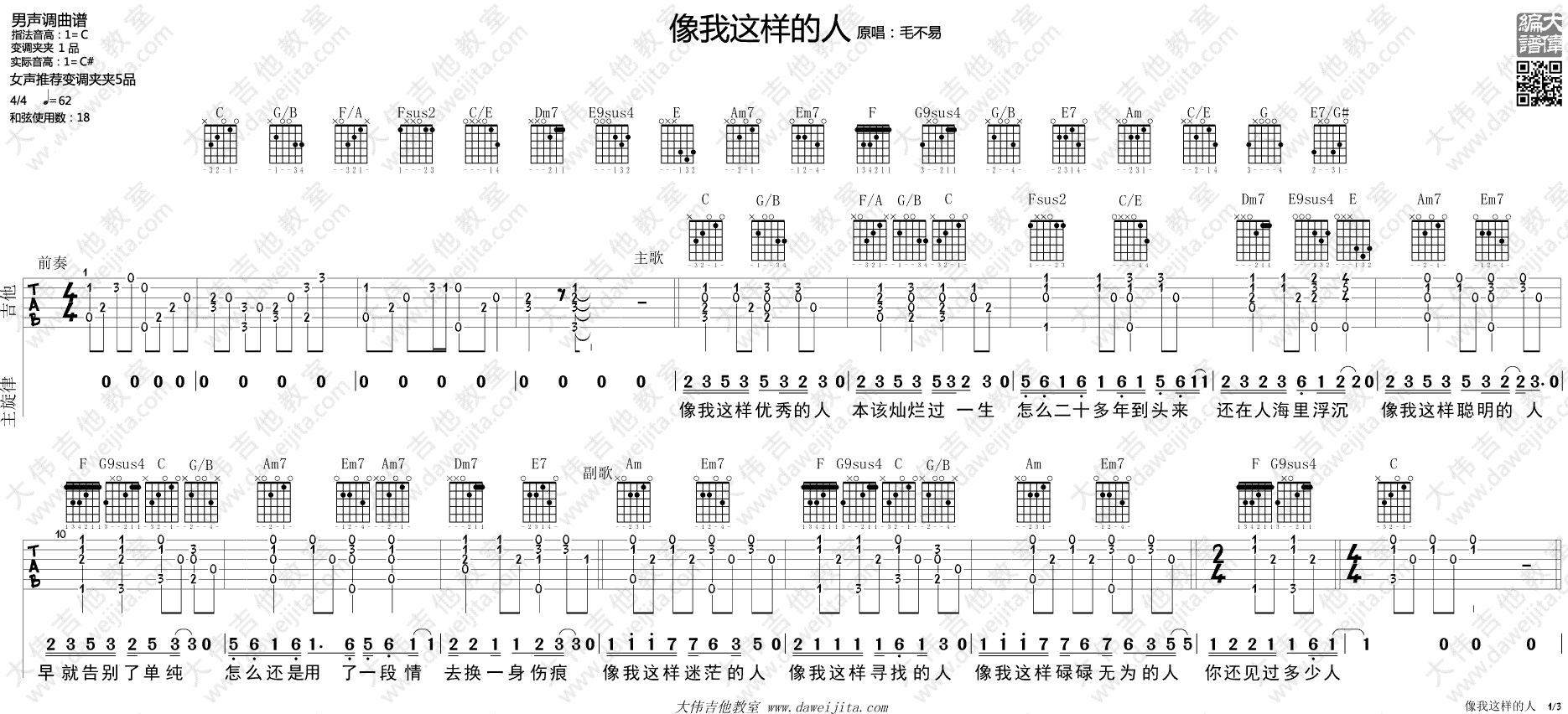 毛不易 像我这样的人吉他谱C调 大伟吉他教室弹唱六线谱