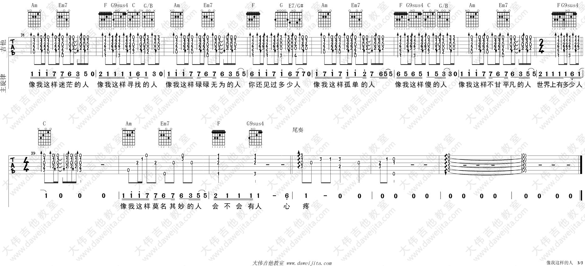 毛不易 像我这样的人吉他谱C调 大伟吉他教室弹唱六线谱