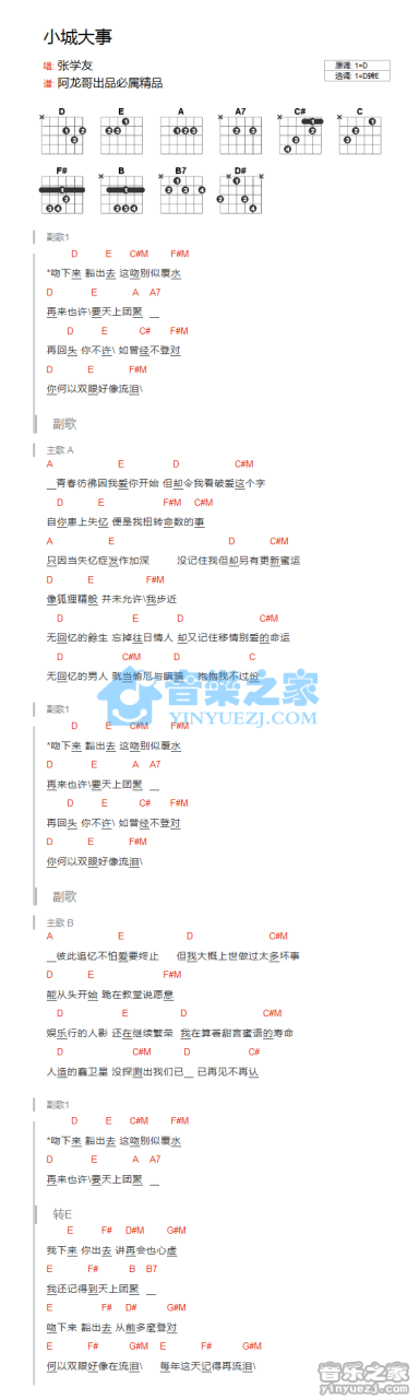 张学友 小城大事吉他谱D调 弹唱六线谱