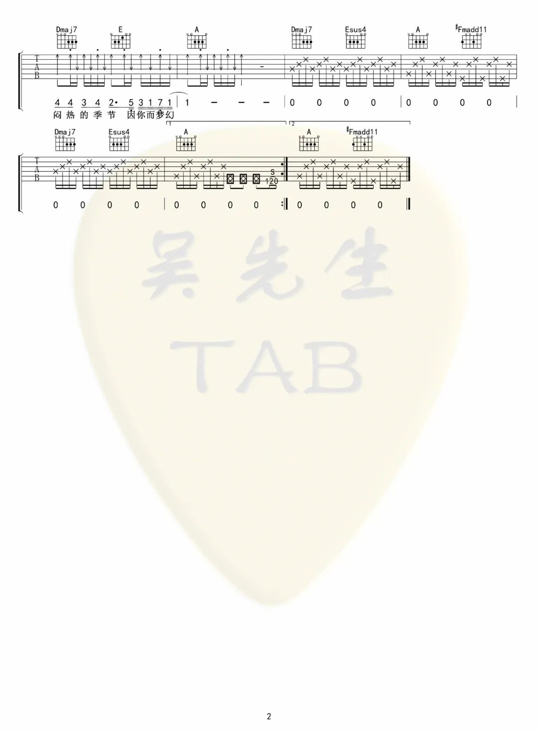 LBI利比 小城夏天吉他谱A调 吴先生TAB弹唱六线谱
