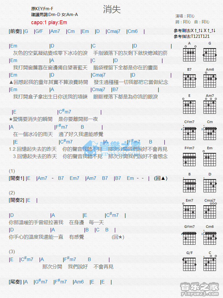 阿沁 消失吉他谱E调 音乐之家弹唱六线谱