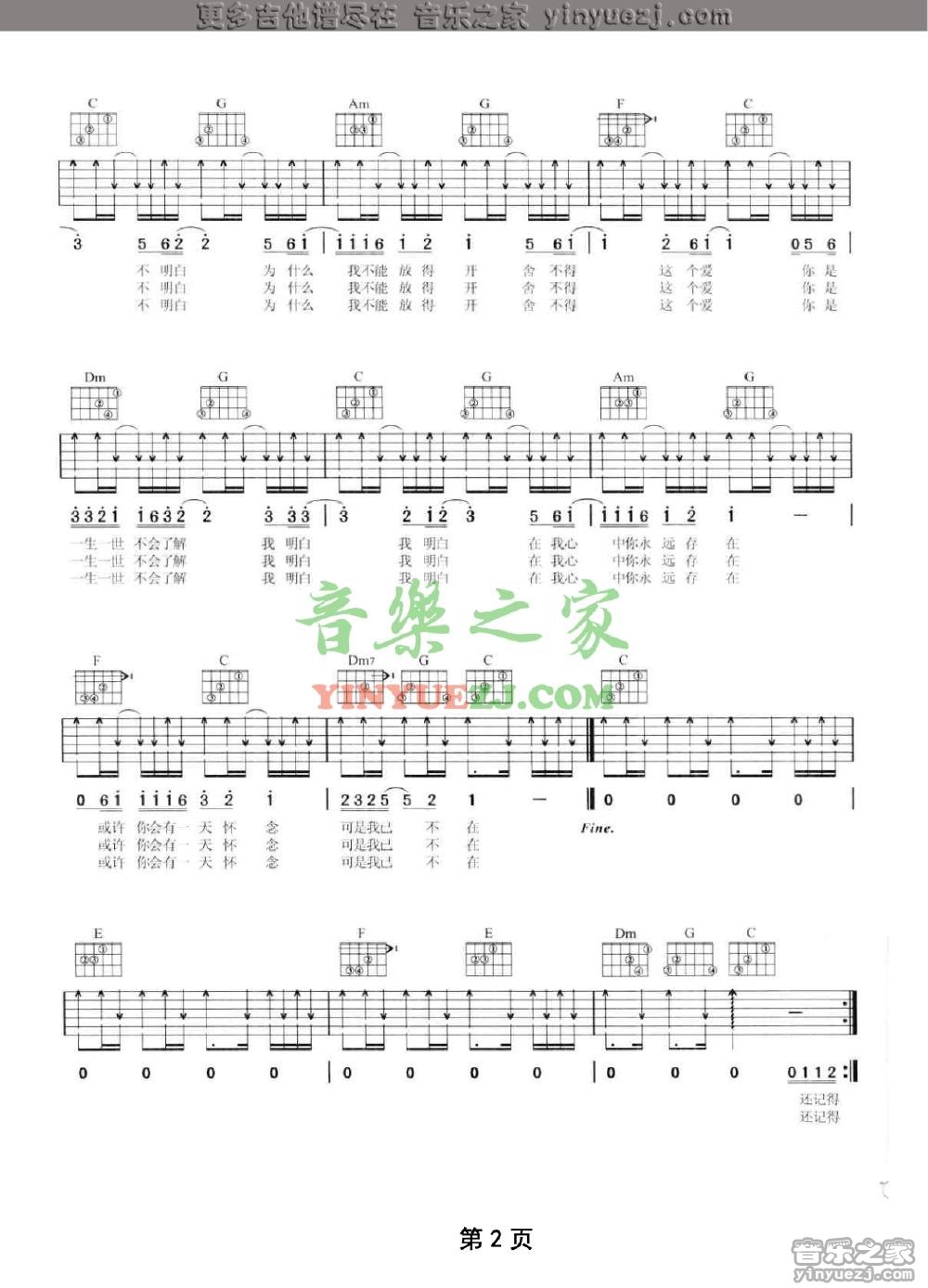 陶喆 小镇姑娘吉他谱C调 音乐之家弹唱六线谱