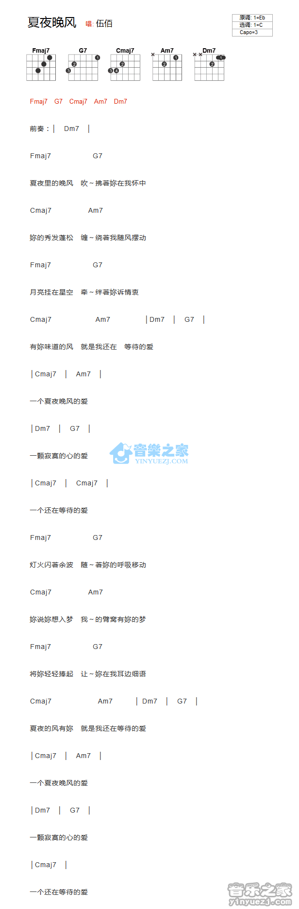 伍佰 夏夜晚风吉他谱C调 音乐之家弹唱六线谱