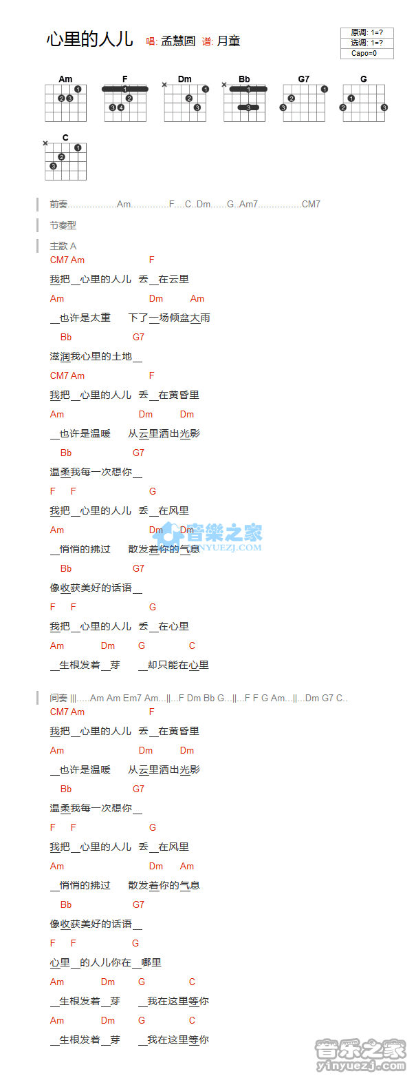 孟慧圆 心里的人儿吉他谱C调 音乐之家弹唱六线谱