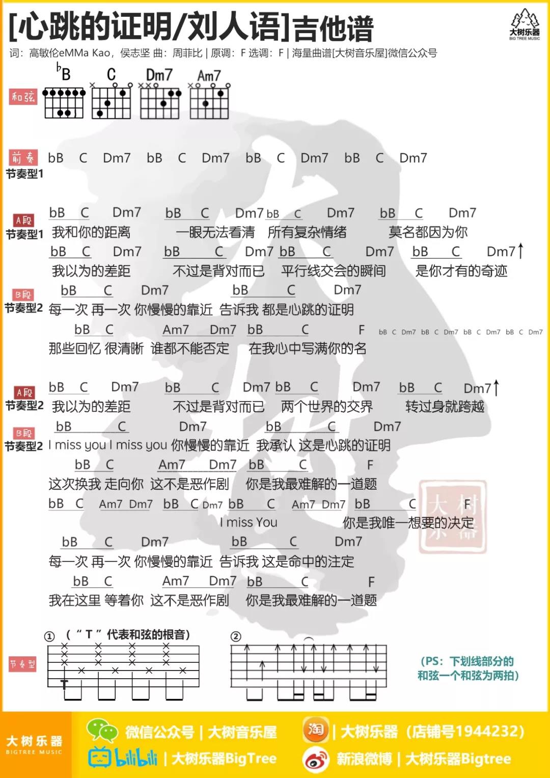 刘人语 心跳的证明吉他谱F调 大树音乐弹唱六线谱
