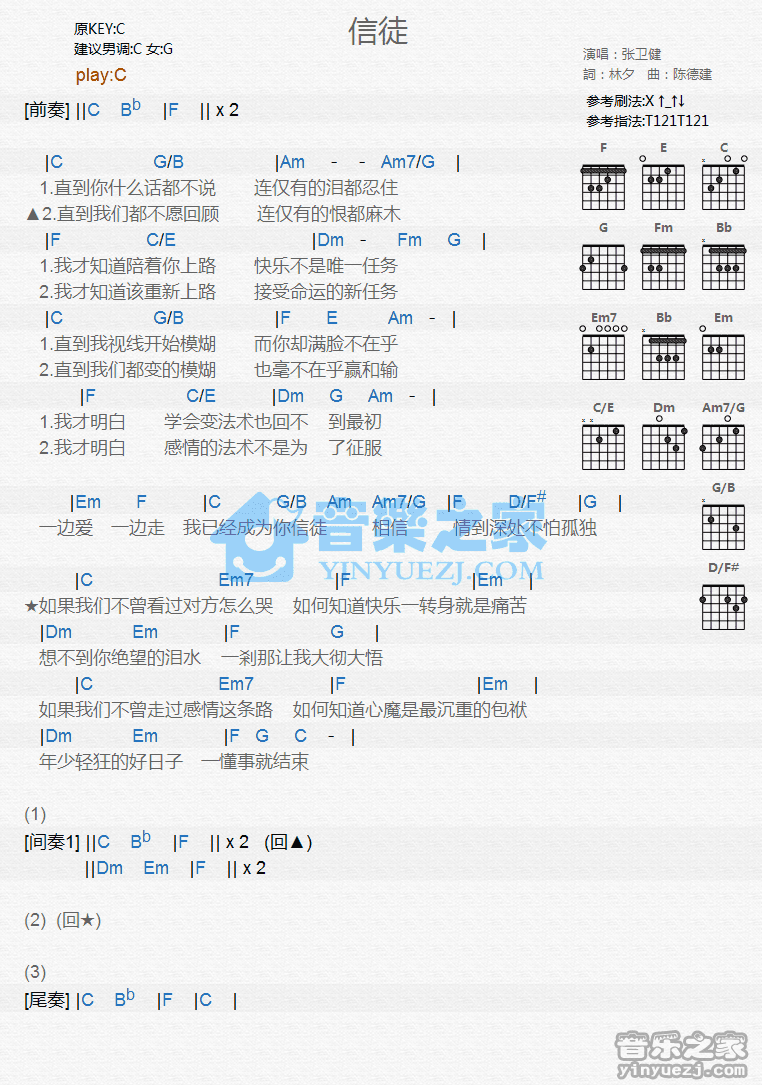 张卫健 信徒吉他谱G调 音乐之家弹唱六线谱