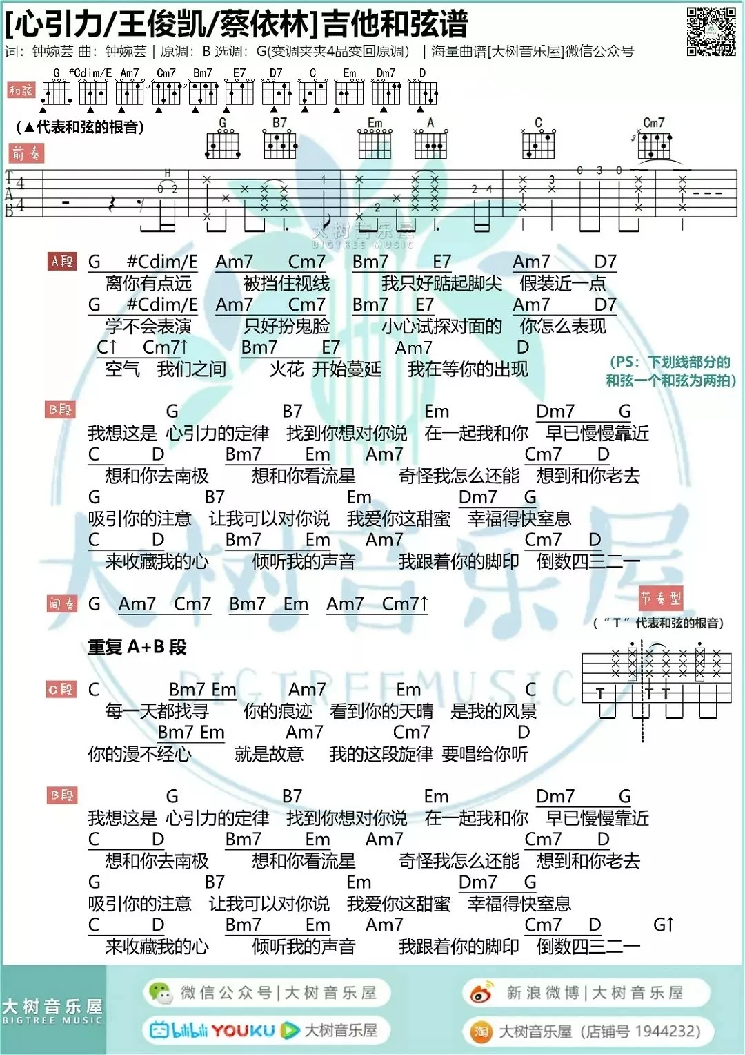 蔡依林 心引力吉他谱G调 大树音乐屋弹唱六线谱