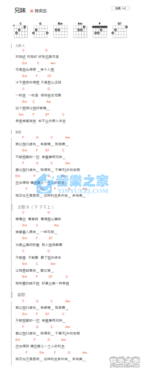 陈奕迅 兄妹吉他谱C调 弹唱六线谱