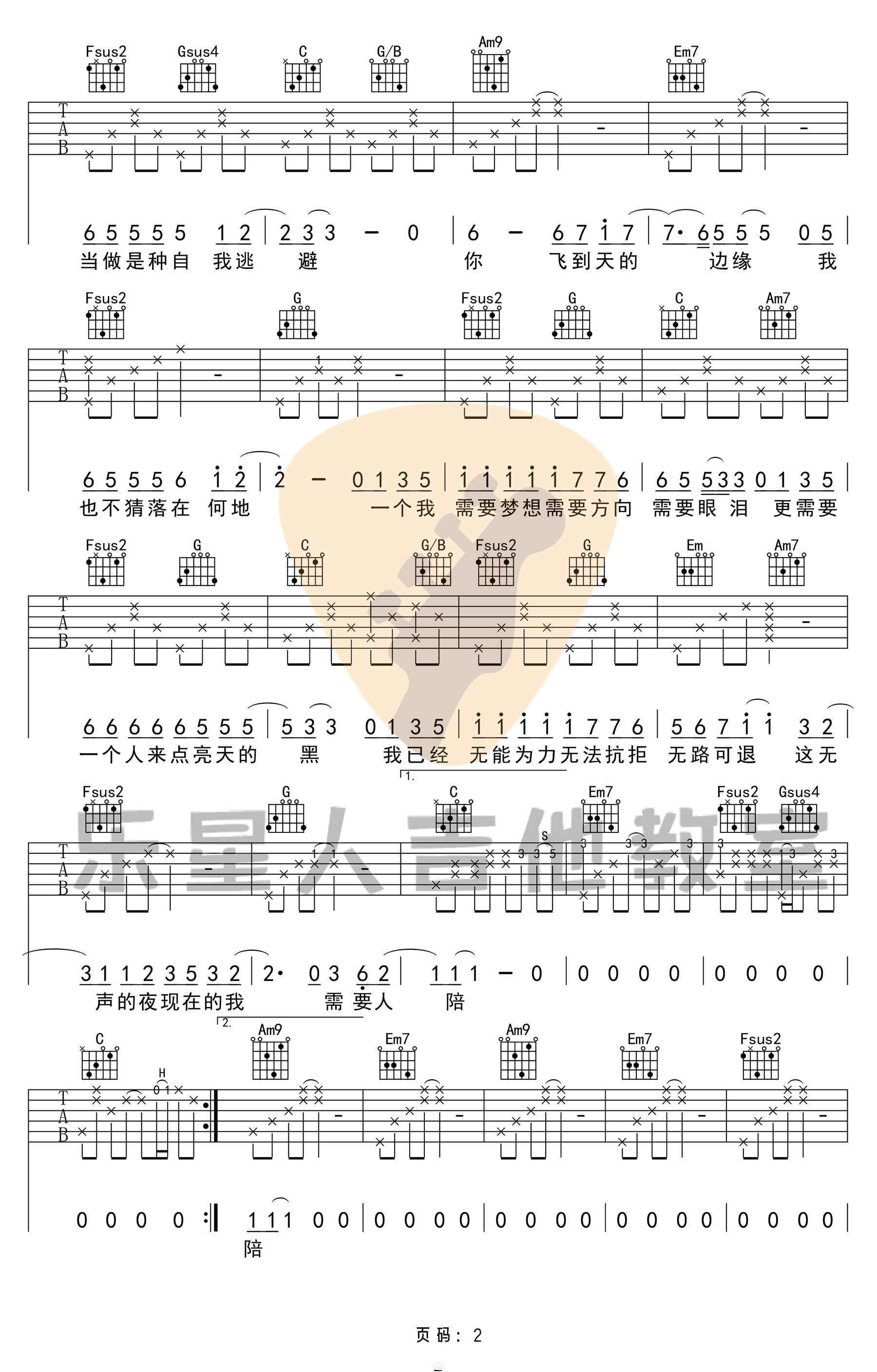 王力宏 需要人陪吉他谱C调 乐星人吉他教室弹唱六线谱