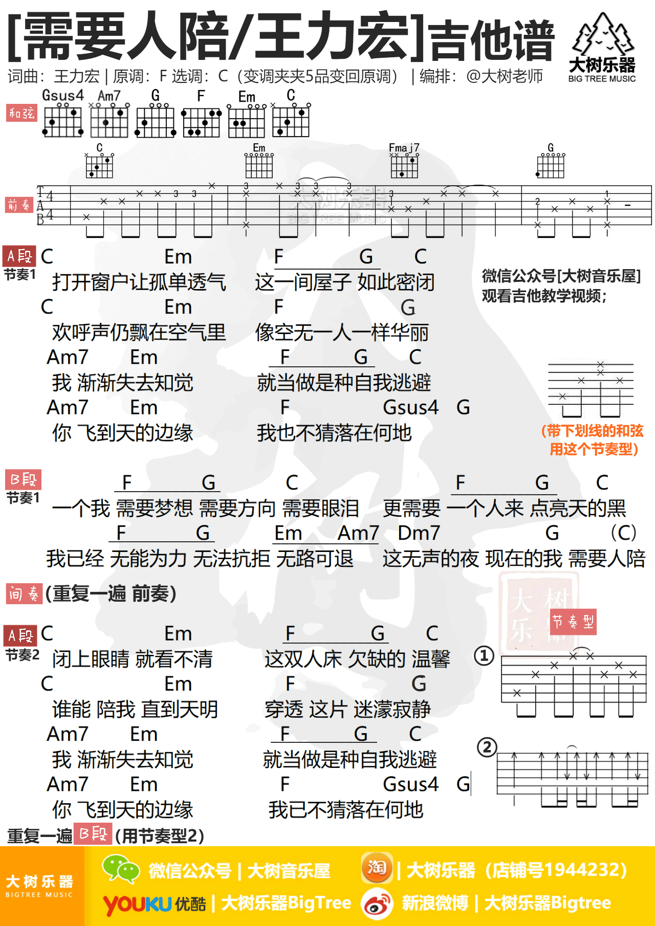 王力宏 需要人陪吉他谱c调 弹唱六线谱