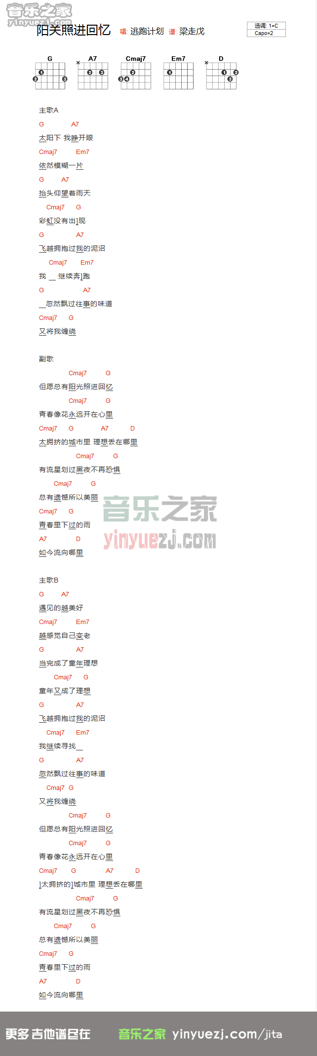 逃跑计划 阳光照进回忆里吉他谱C调 音乐之家弹唱六线谱