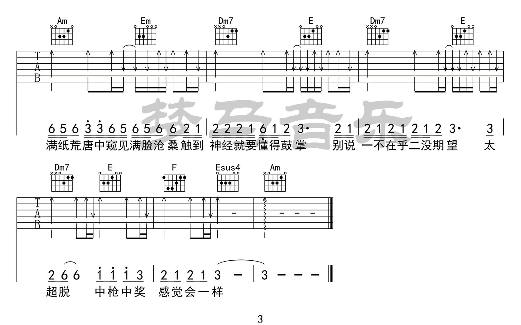 许嵩 雅俗共赏吉他谱C调 弹唱六线谱