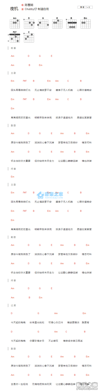 陈慧娴 夜机吉他谱G调 弹唱六线谱