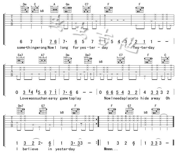 the beatles yesterday吉他谱F调 虫虫吉他弹唱六线谱