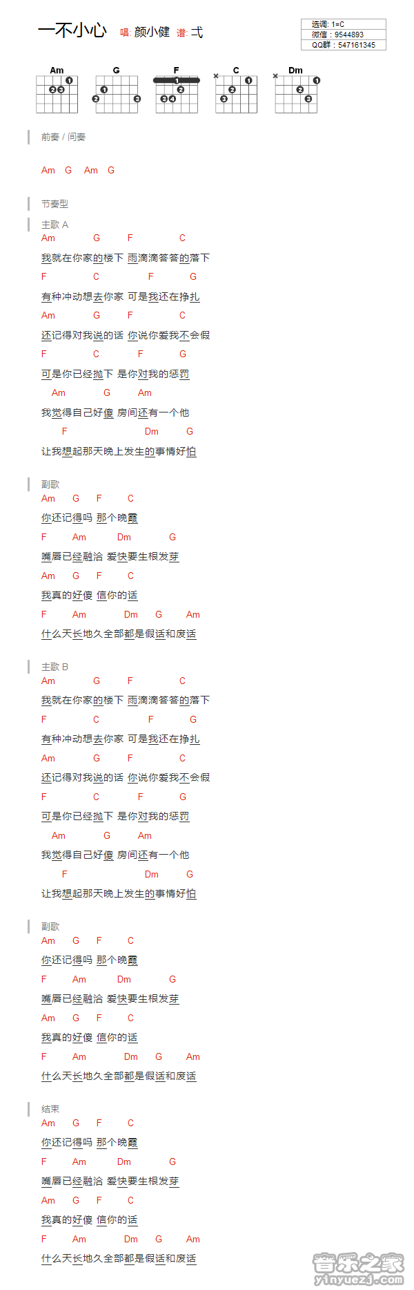 颜小健 一不小心吉他谱C调 音乐之家弹唱六线谱