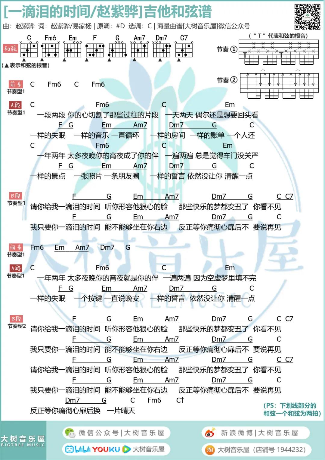 赵紫骅 一滴泪的时间吉他谱吉他谱 C调 大树音乐屋弹唱六线谱