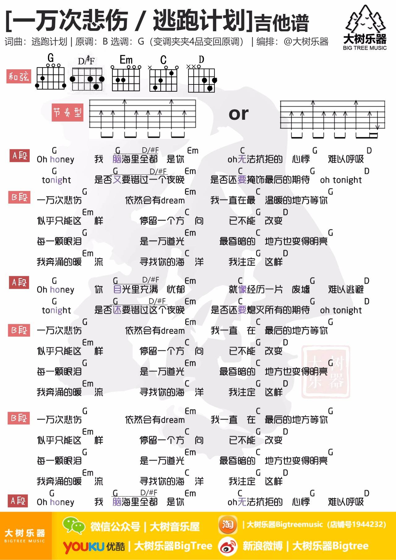 逃跑计划 一万次悲伤吉他谱G调 大树音乐屋弹唱六线谱