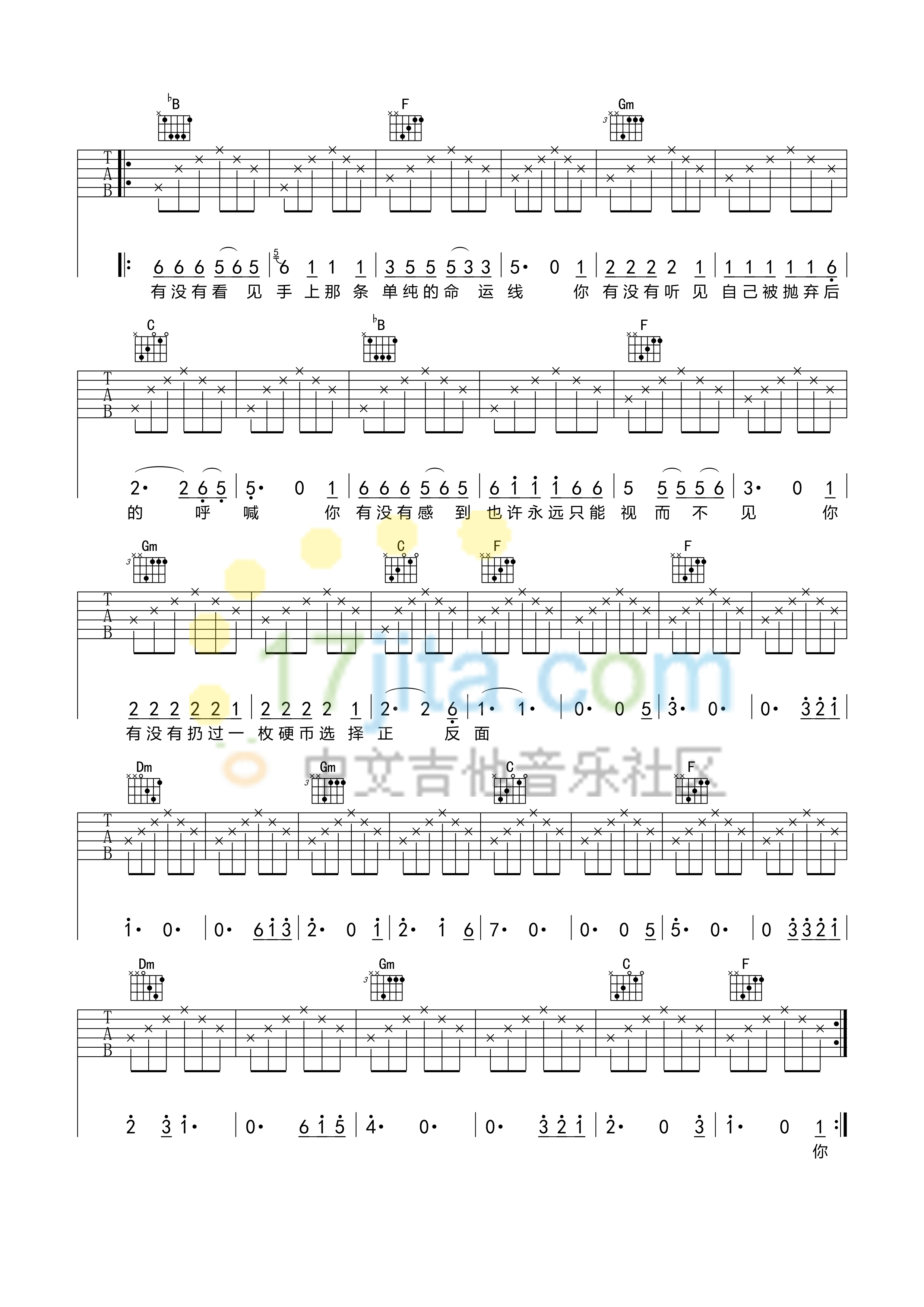 汪峰 硬币吉他谱F调 17吉他网弹唱六线谱