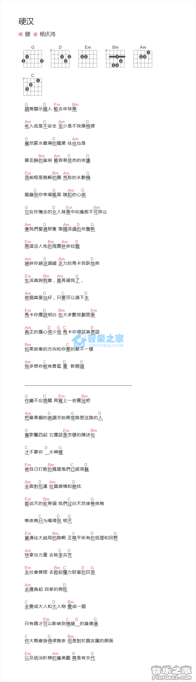 腰乐队 硬汉吉他谱G调 音乐之家弹唱六线谱