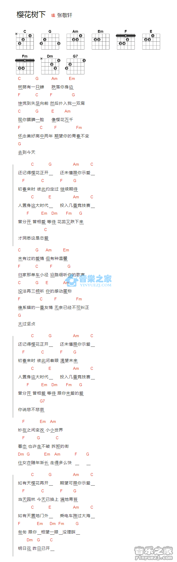 张敬轩 樱花树下吉他谱C调 音乐之家弹唱六线谱