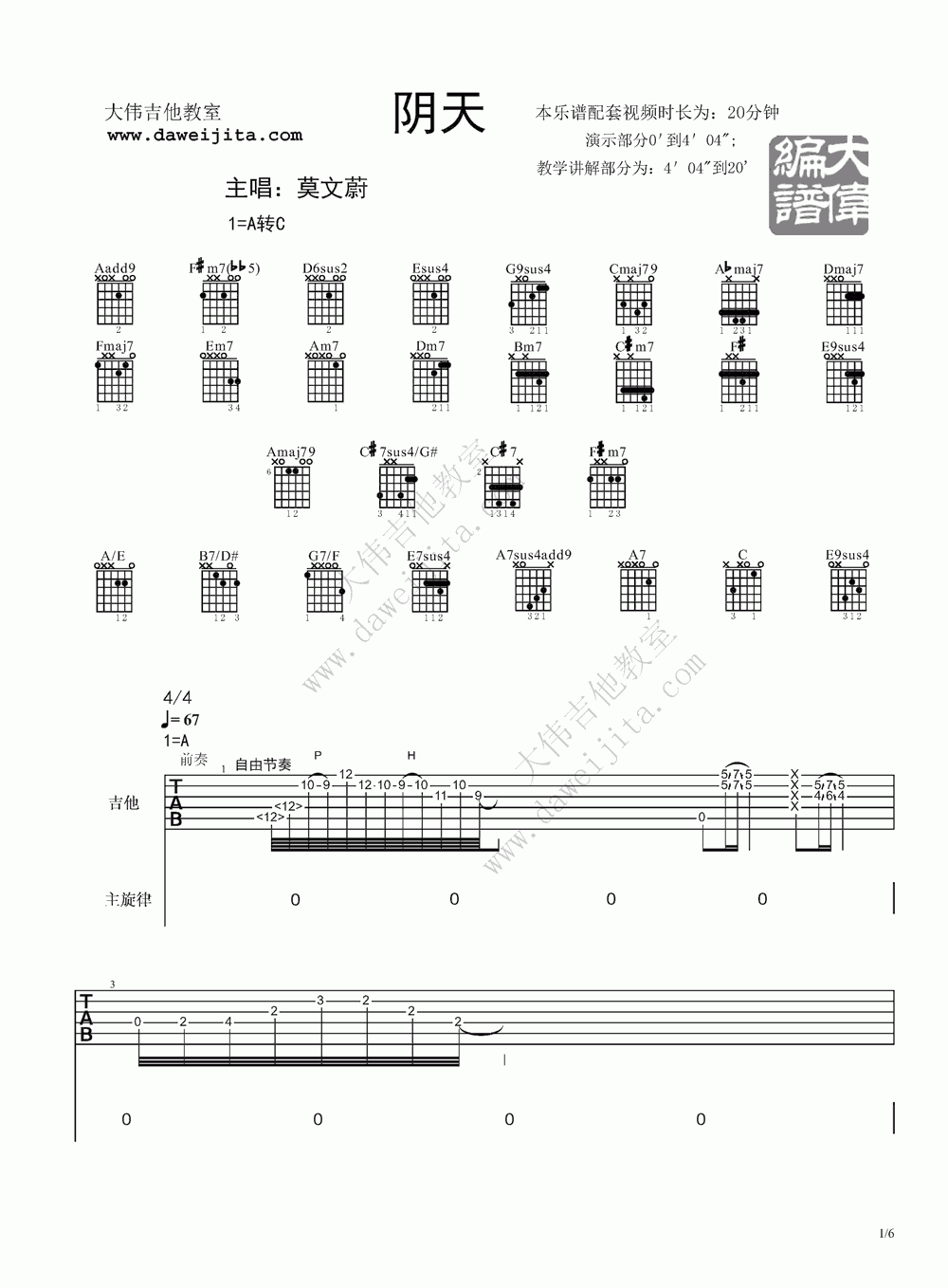 莫文蔚 阴天吉他谱C调 大伟吉他教室弹唱六线谱