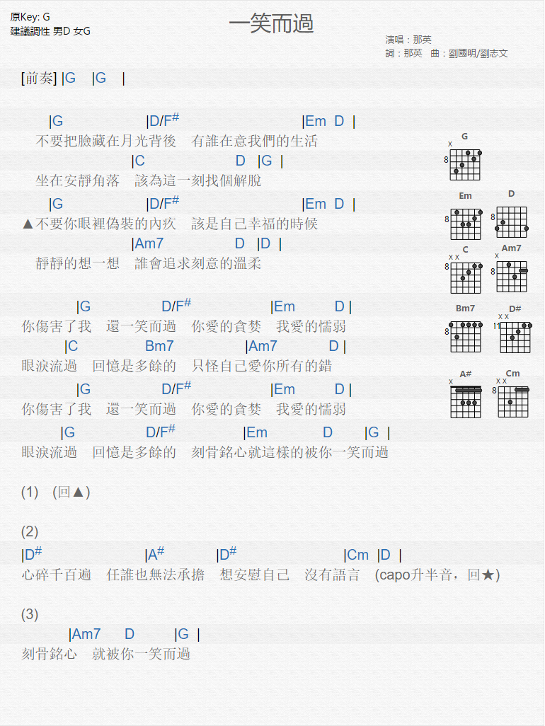 那英 一笑而过吉他谱G调 木木吉他弹唱六线谱