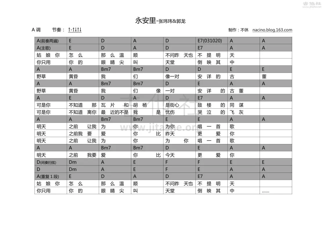 张玮玮 永安里吉他谱A调 吉他社弹唱六线谱