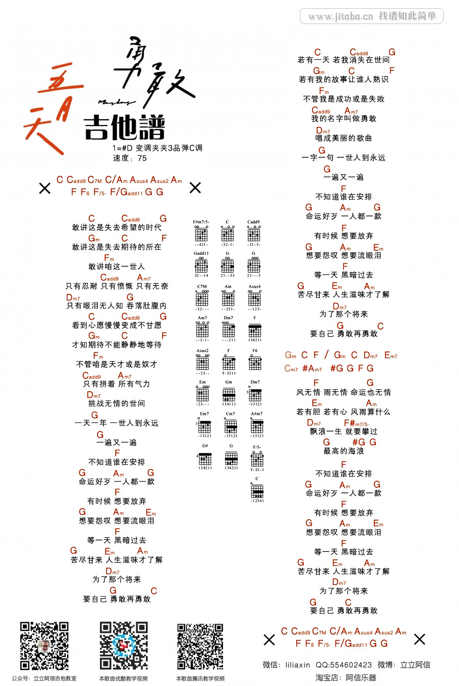 五月天 勇敢吉他谱D调 阿潘音乐工场弹唱六线谱
