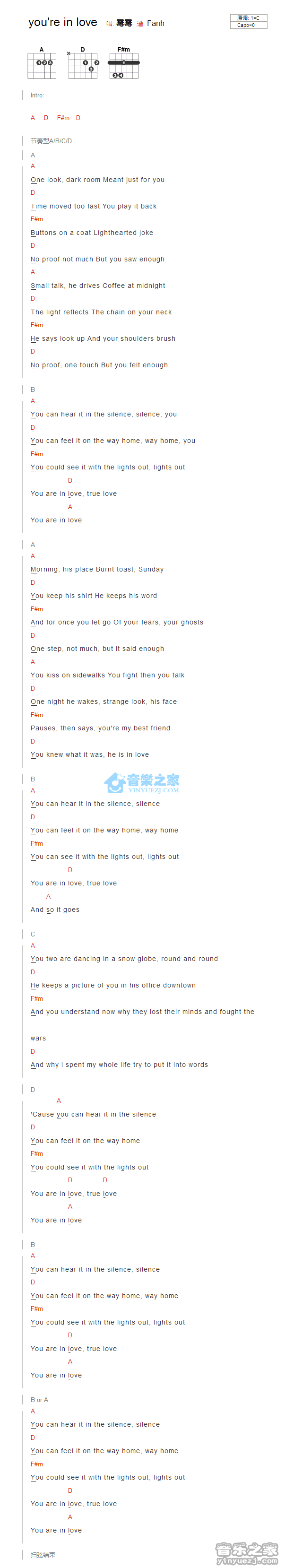 Taylor Swift you are in love吉他谱C调 音乐之家弹唱六线谱