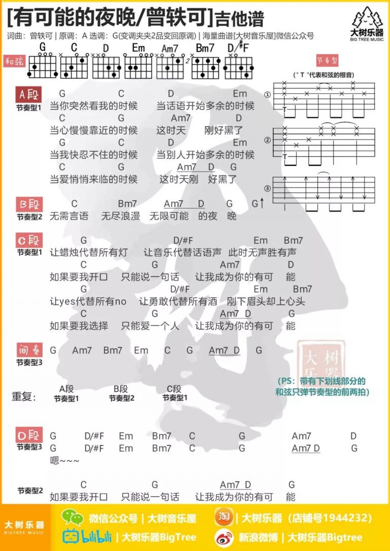 曾轶可 有可能的夜晚吉他谱A调 弹唱六线谱