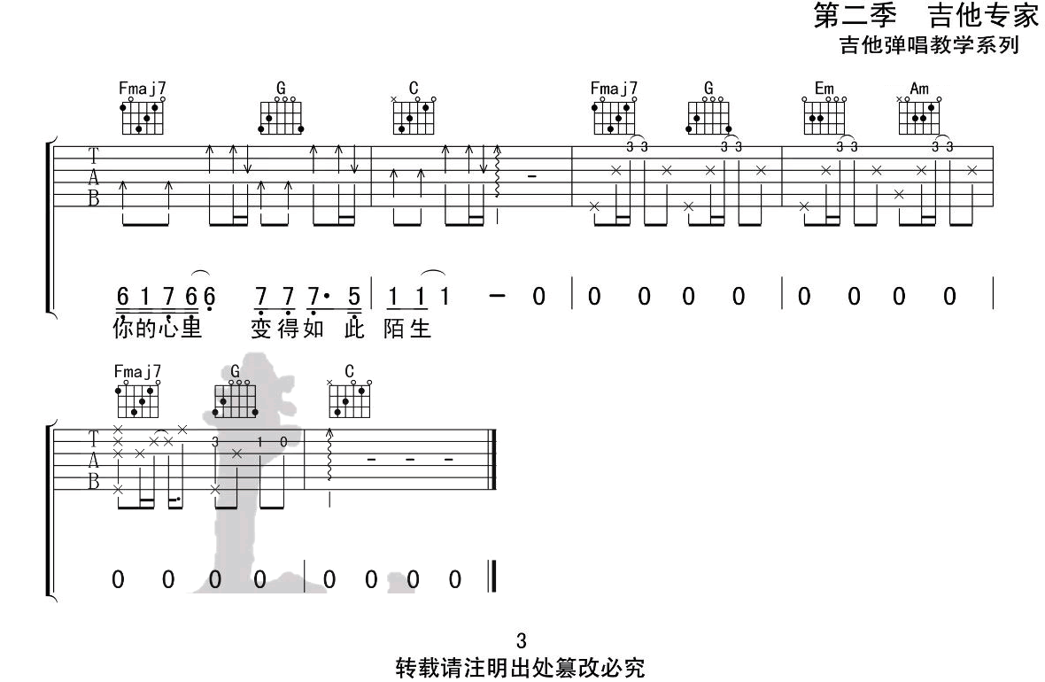 李冠霖 有名无份吉他谱C调 弹唱六线谱
