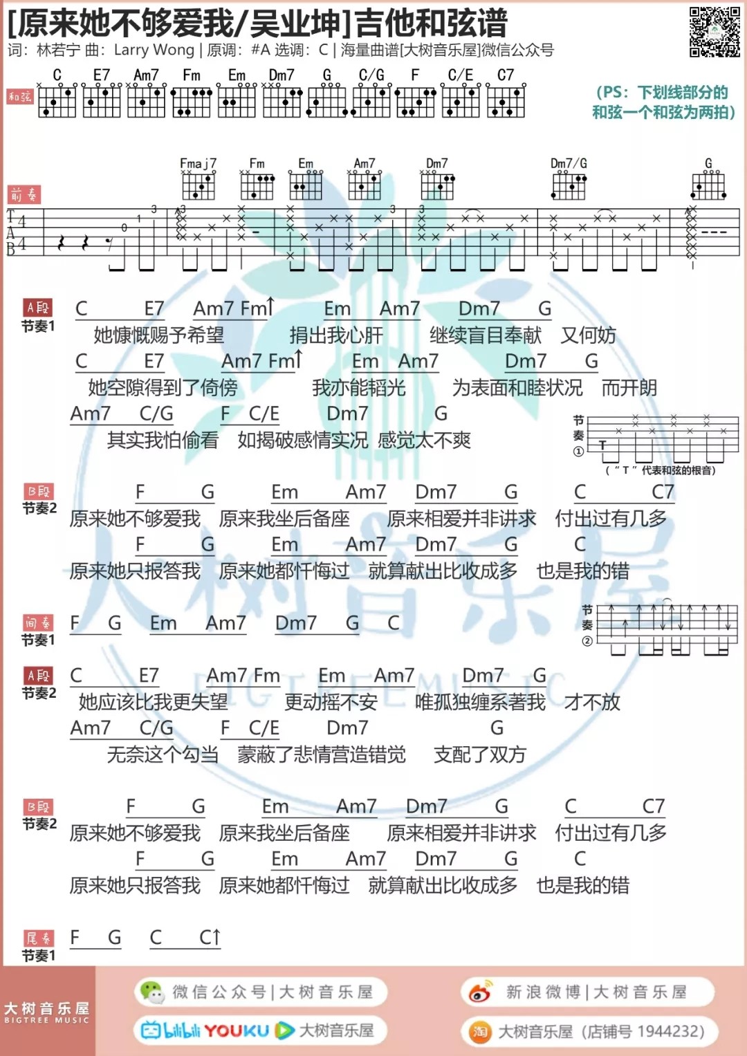 吴业坤 原来她不够爱我吉他谱C调 大树音乐屋弹唱六线谱