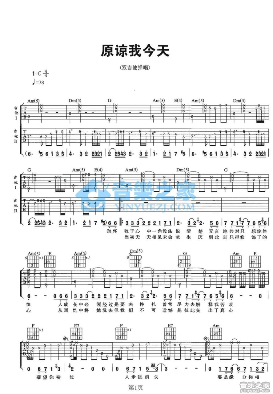 Beyond 原谅我今天吉他谱C调 弹唱六线谱