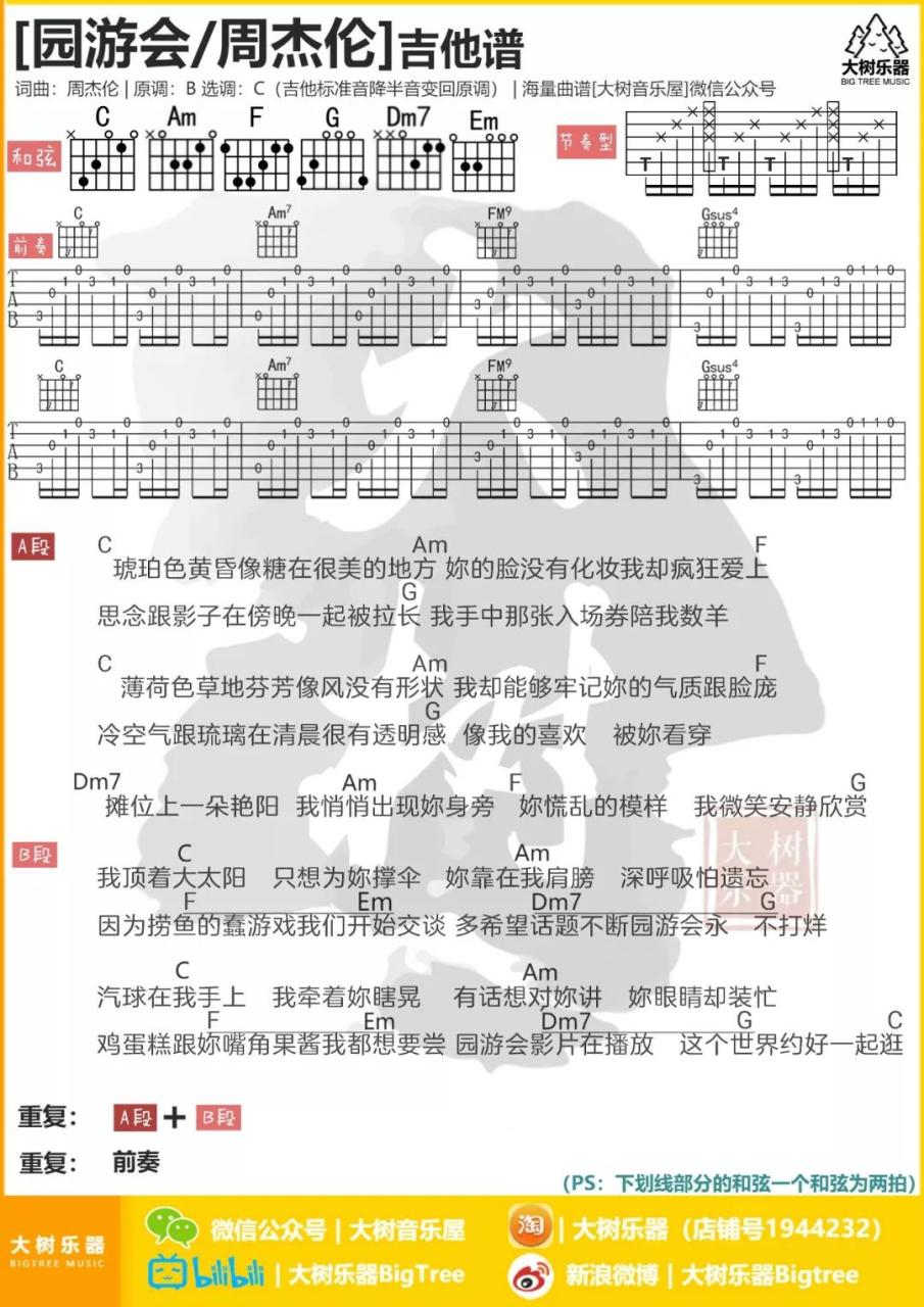 周杰伦 园游会吉他谱C调 弹唱六线谱